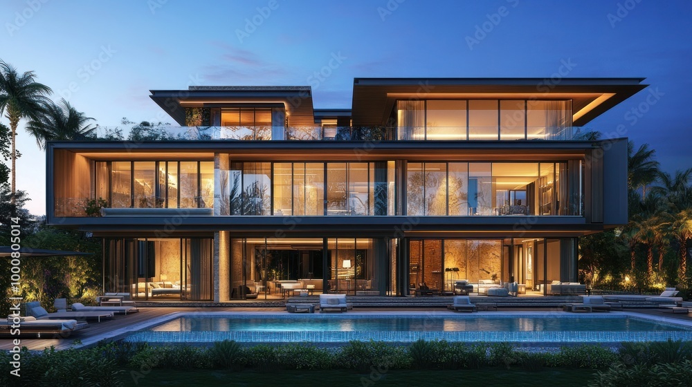 Fototapeta premium Modern villa with large windows and pool, illuminated at dusk.