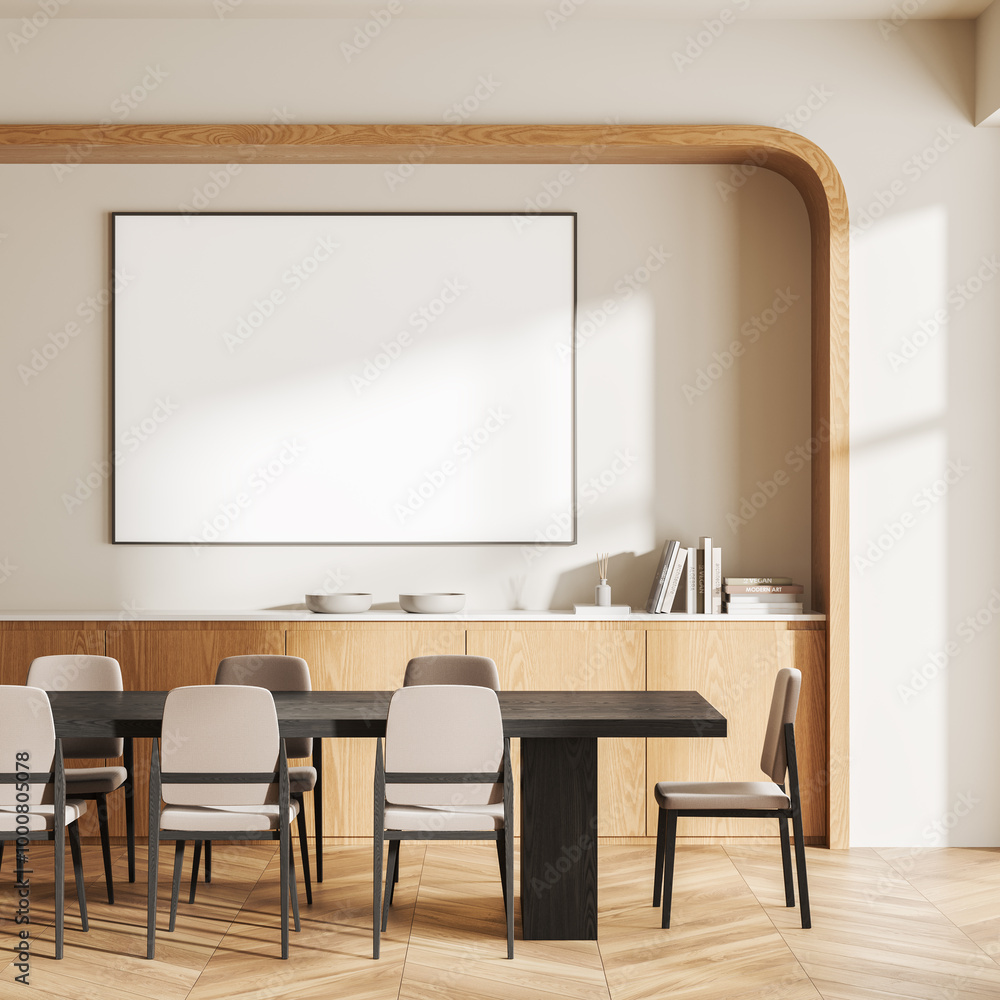 Modern dining room with blank framed poster on wall, wooden furniture, neutral tones, natural light, minimalist style. Concept of interior design. 3D Rendering Modern dining room with blank framed poster on wall, wooden furniture, neutral tones, natural light, minimalist style. Concept of interior design. 3D Rendering