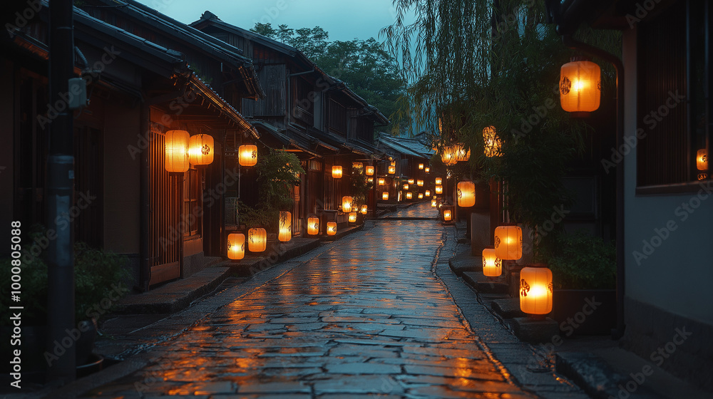 Serene Lantern-Lit Village Path Serene Lantern-Lit Village Path