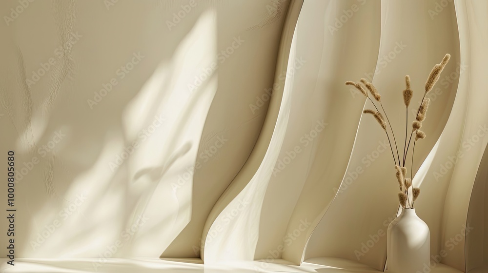 Light olive wall with a shadow of modern sculpture adding a minimalist touch Light olive wall with a shadow of modern sculpture adding a minimalist touch