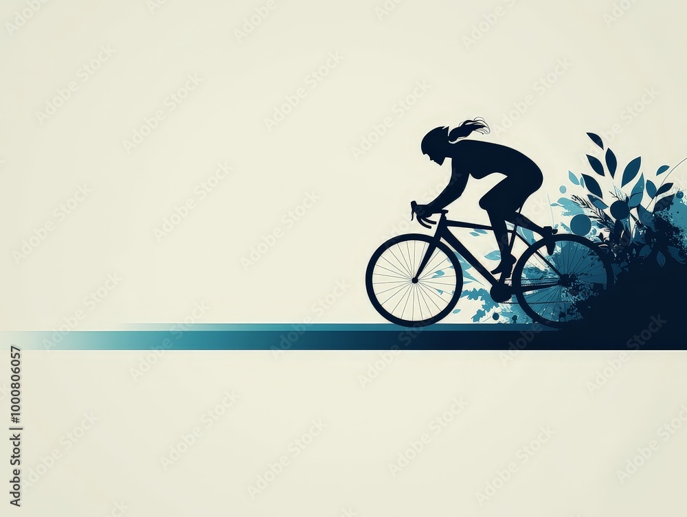 Obraz premium Woman Silhouette Riding Bicycle with Blue Floral Background