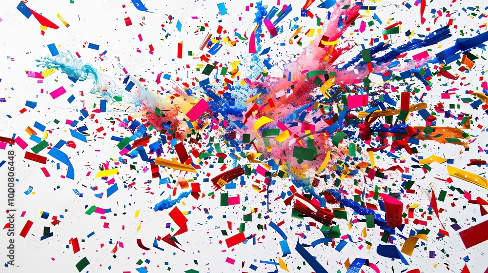 Obraz premium White wall with red blue and green confetti explosion offering lively festivity