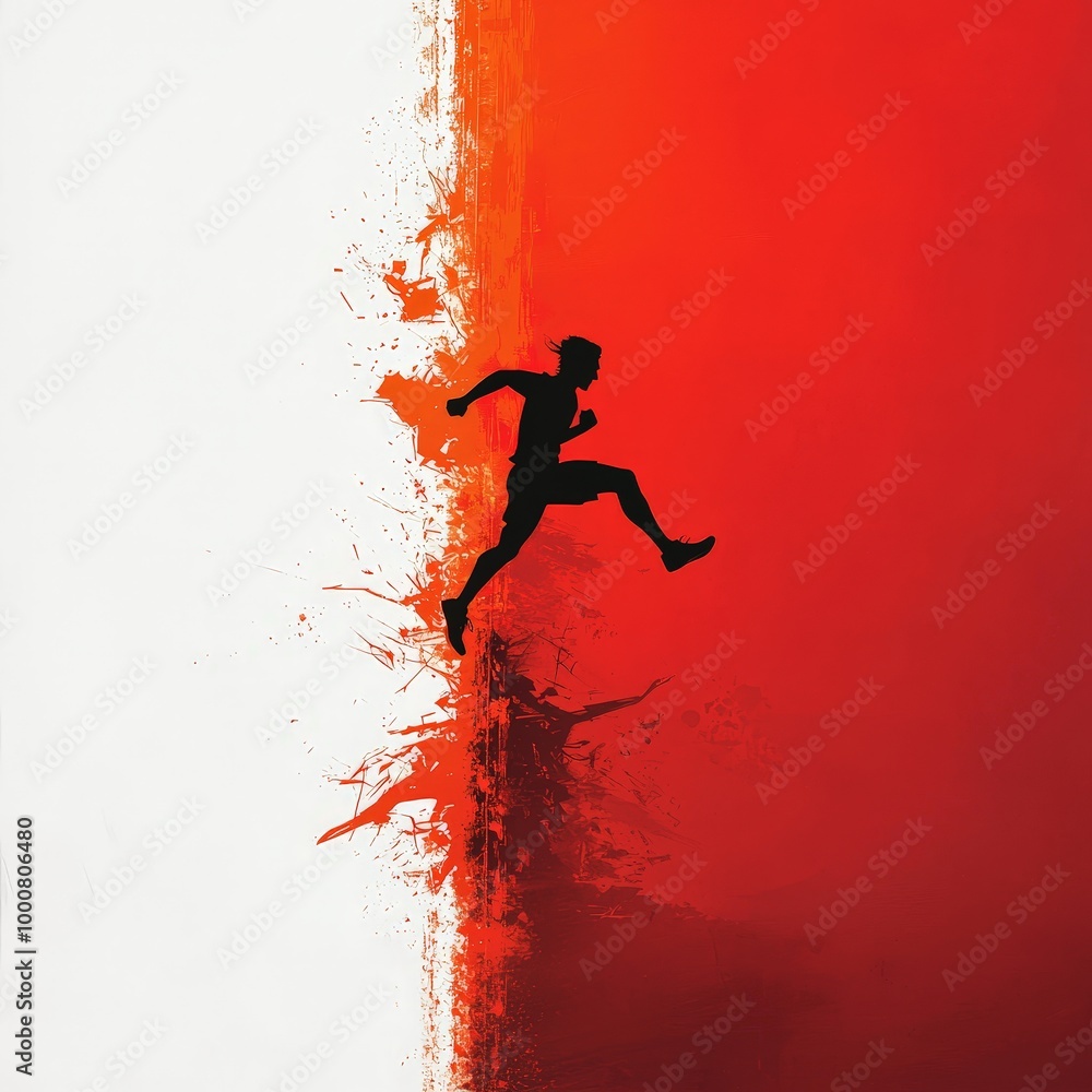 Naklejka premium Silhouette of a Man Jumping Over a Red and White Background