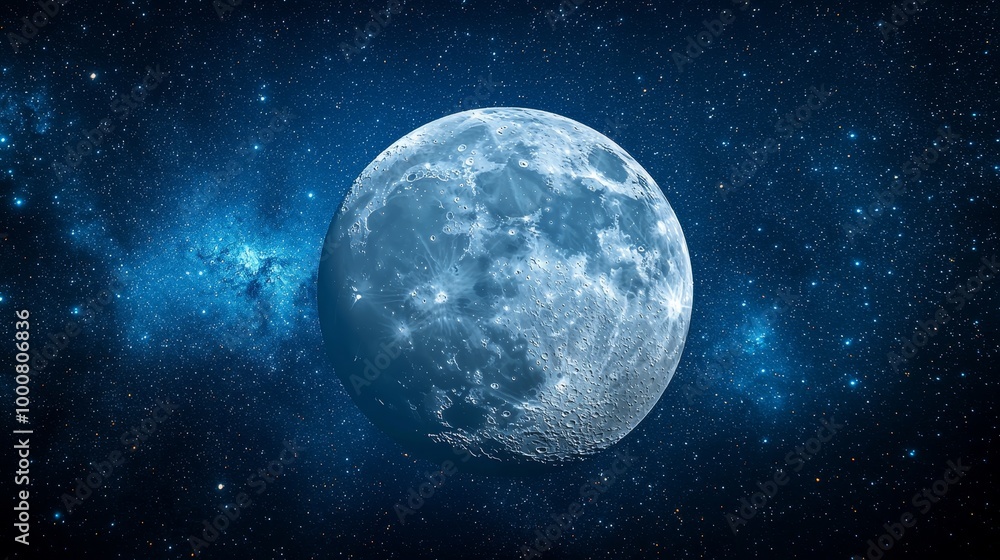 Detailed moon in vast space, surrounded by a blue nebula and shining stars, showcasing cosmic beauty. Detailed moon in vast space, surrounded by a blue nebula and shining stars, showcasing cosmic beauty.