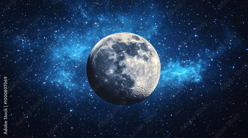 Detailed moon in vast space, surrounded by a blue nebula and shining stars, showcasing cosmic beauty. Detailed moon in vast space, surrounded by a blue nebula and shining stars, showcasing cosmic beauty.