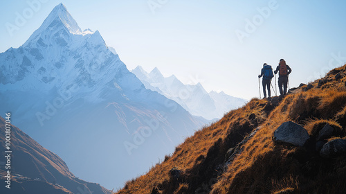 Hiking with a View of a Majestic Mountain