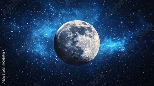 Detailed moon in vast space, surrounded by a blue nebula and shining stars, showcasing cosmic beauty.