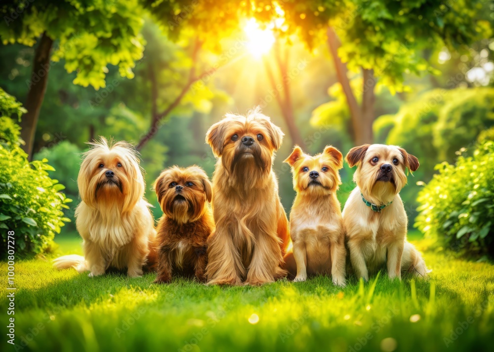 Charming Griffon dog breeds playfully pose in a vibrant green garden, basking in the warm sunlight, showcasing their Charming Griffon dog breeds playfully pose in a vibrant green garden, basking in the warm sunlight, showcasing their
