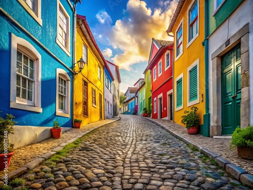 Charming Portuguese Street with Colorful Houses and Cobblestone Pathway in a Quaint Neighborhood