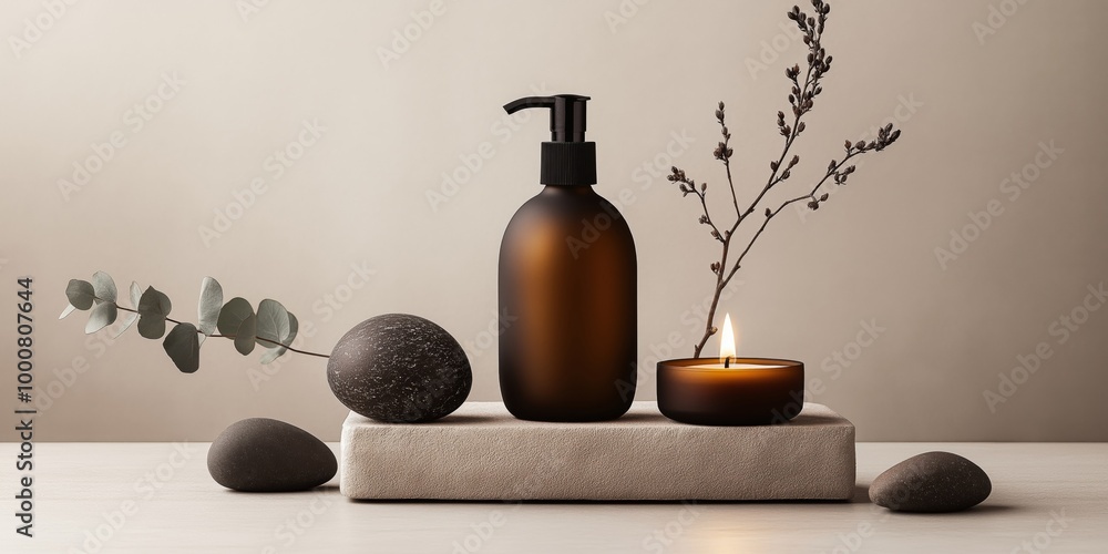 A minimalist spa scene featuring an amber bottle, lit candle, eucalyptus, and smooth stones, arranged on a beige surface for a calming, serene, and luxurious ambiance A minimalist spa scene featuring an amber bottle, lit candle, eucalyptus, and smooth stones, arranged on a beige surface for a calming, serene, and luxurious ambiance