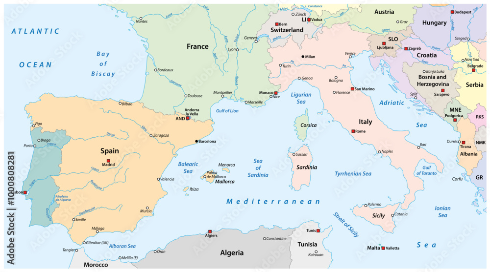 Map of South Europe with the most important cities and rivers