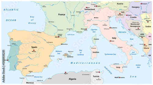 Obraz na płótnie Map of South Europe with the most important cities and rivers w salonie