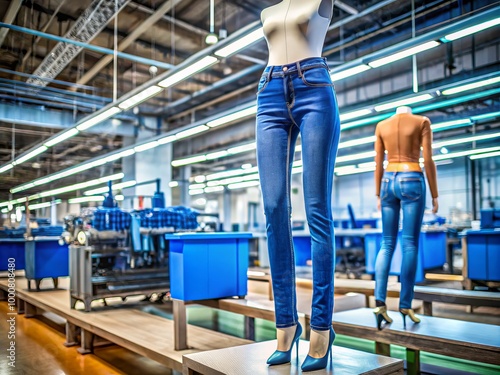 Chic blue denim jeans showcased prominently on a sleek jean machine within a contemporary clothing factory environment,