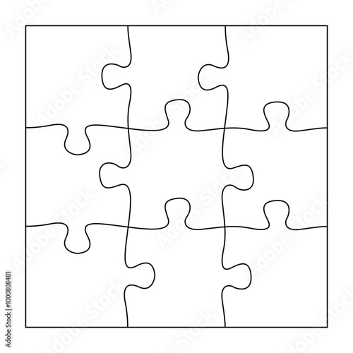 Puzzles grid template. Jigsaw puzzle 9 pieces, thinking game and 3x3 jigsaws detail frame design. Business assemble metaphor or puzzles game challenge vector illustration.
