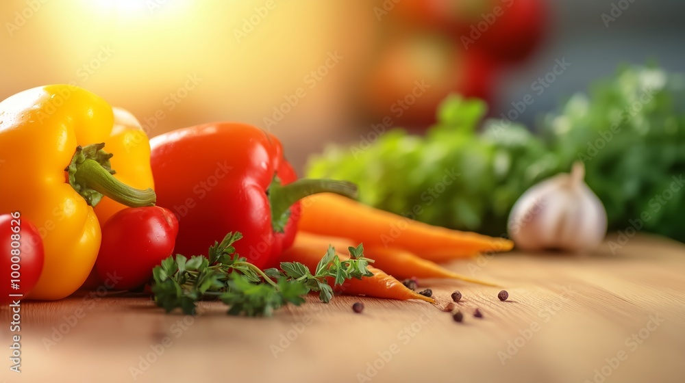 A close-up shot of a wooden table filled with colorful ingredients like carrots, peppers, herbs, and garlic, all ready for meal preparation in a sunlit kitchen. A close-up shot of a wooden table filled with colorful ingredients like carrots, peppers, herbs, and garlic, all ready for meal preparation in a sunlit kitchen.