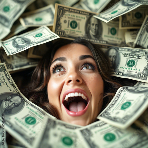Excited young woman lying down surrounded by one hundred dollar bills