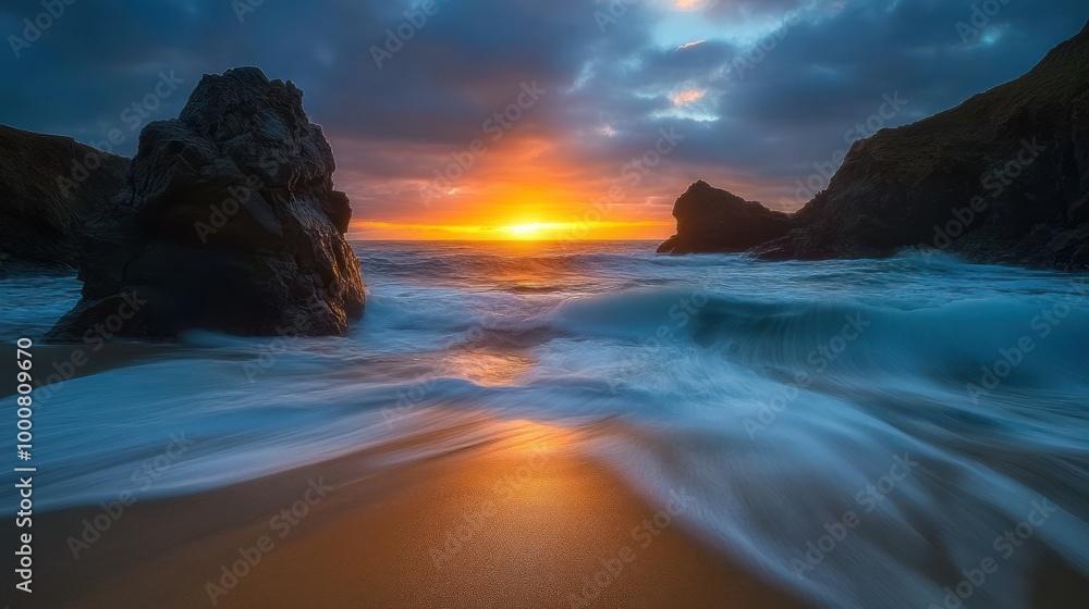 Obraz premium Sunset Over the Ocean with Rocks