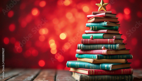Stack of old books forming christmas tree with red background