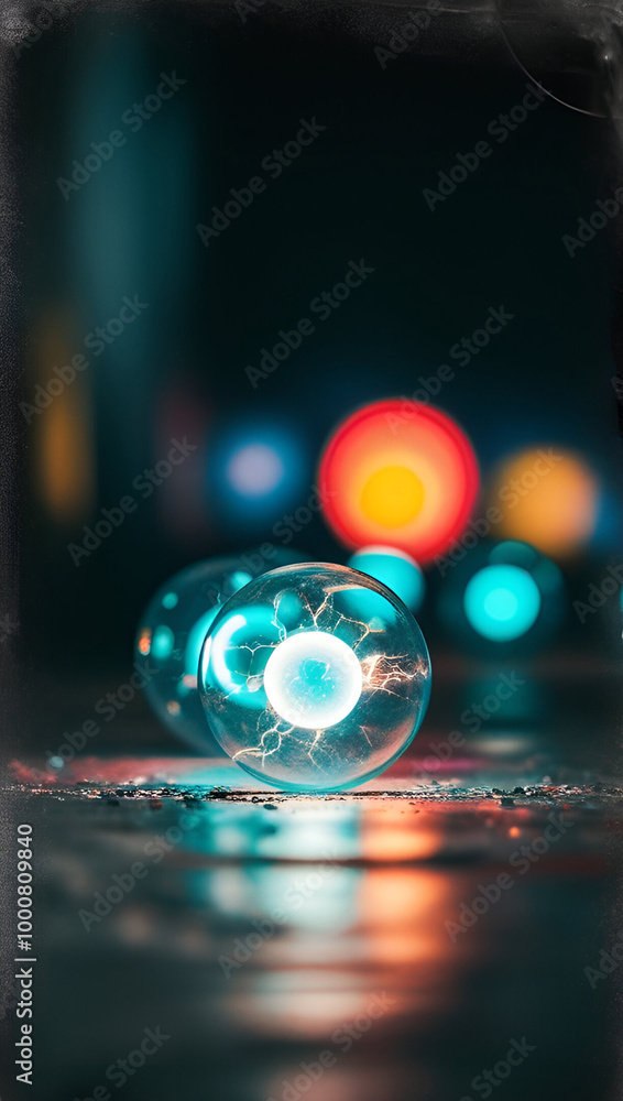 Detailed Shot Of Luminescent Sci-Fi Orbs With Electric Glowing Centers Resting On A Reflective Surface In A Dark Futuristic Environment Detailed Shot Of Luminescent Sci-Fi Orbs With Electric Glowing Centers Resting On A Reflective Surface In A Dark Futuristic Environment