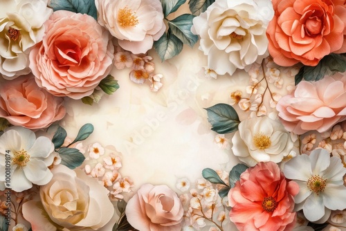 Close-up of a floral arrangement with pink, white, and peach roses with green leaves, and a cream background.