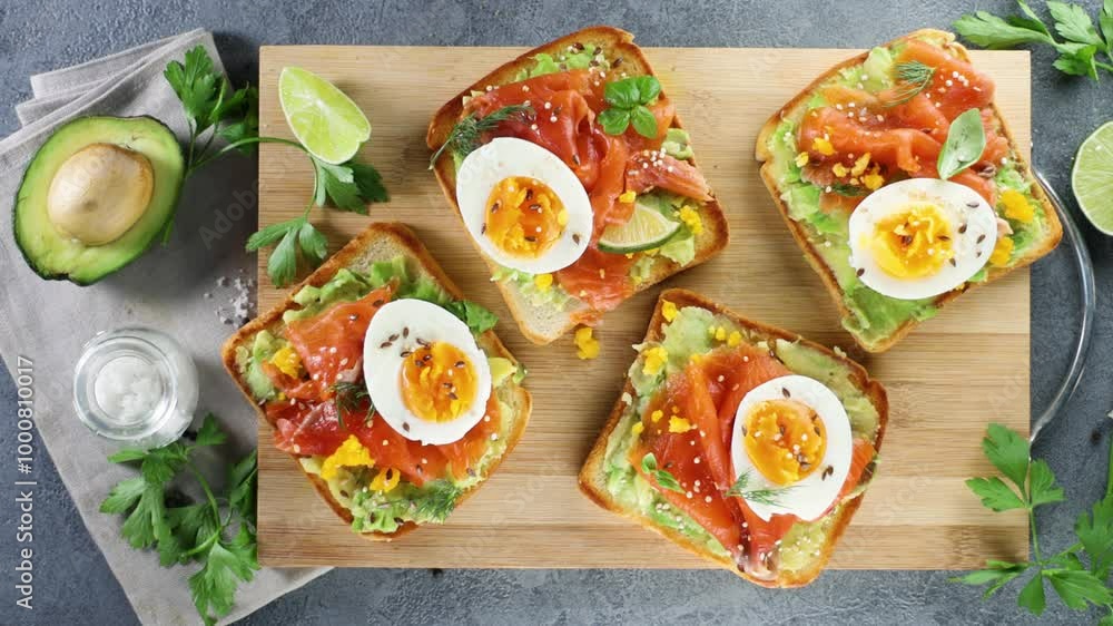 Bread toast with avocado, egg, and smoked salmon. Ideal for healthy breakfast, brunch, and sandwich Bread toast with avocado, egg, and smoked salmon. Ideal for healthy breakfast, brunch, and sandwich