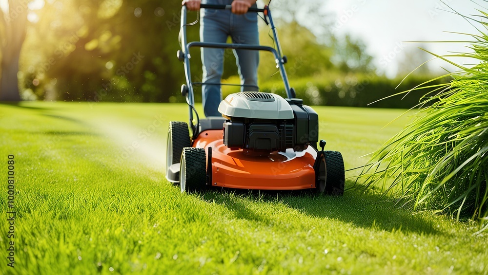 Low Angle View of Man Trimming Grass with Electric Cutter in a Sunny Backyard House Maintenance and Leisure Activity During Summer or Spring Low Angle View of Man Trimming Grass with Electric Cutter in a Sunny Backyard House Maintenance and Leisure Activity During Summer or Spring