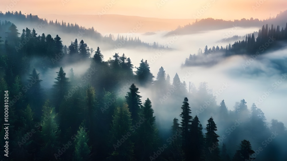 Misty fir forest in early morning fog with lush green landscape and moody atmosphere. AI generative. Misty fir forest in early morning fog with lush green landscape and moody atmosphere. AI generative.