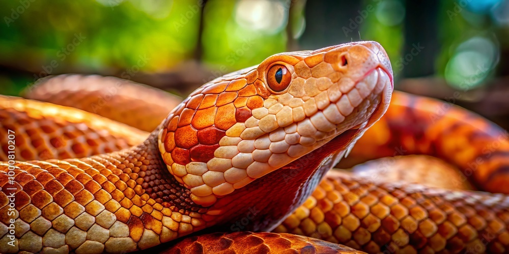 Fototapeta premium Close-up Image of a Copperhead Snake in Natural Habitat Showcasing Its Distinctive Patterns and Colors