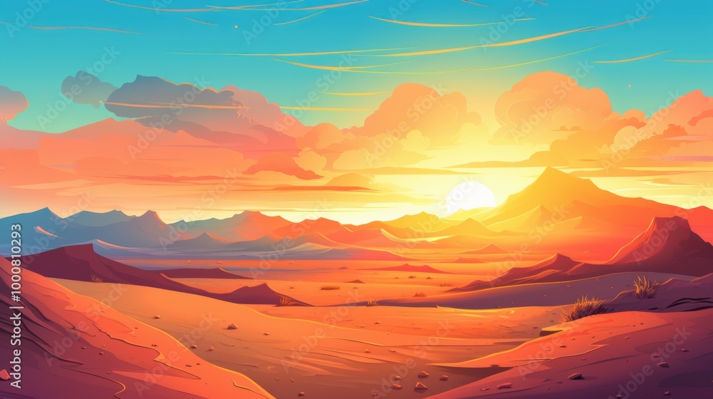 Desert Landscape with Sunset and Mountains Desert Landscape with Sunset and Mountains