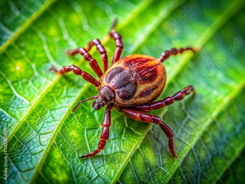 Close-up Image of a Tick on Green Leaf in Nature, Macro Photography of Parasitic Arachnid Species