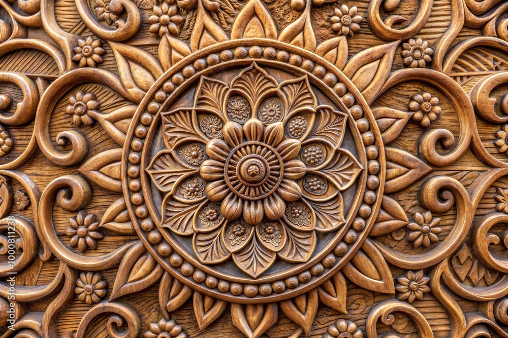 Intricate wood carving with floral design close-up Intricate wood carving with floral design close-up