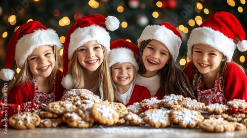 Family members baking Christmas cookies together in a bright kitchen smiling and sharing joyful moments Large space for text in center Stock Photo with copy space photo