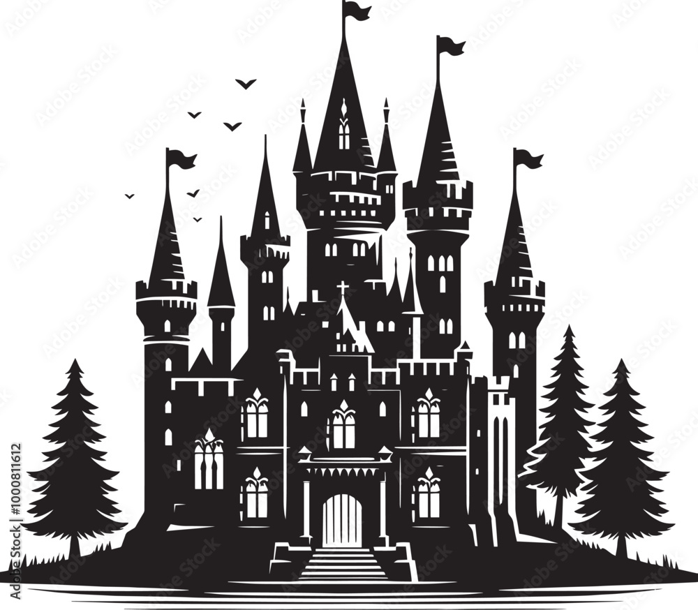 Fototapeta premium Ancient Castle silhouette vector illustration isolated on a white background