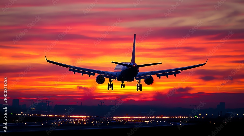 A plane lands on a runway with the sun setting behind it. A plane lands on a runway with the sun setting behind it.