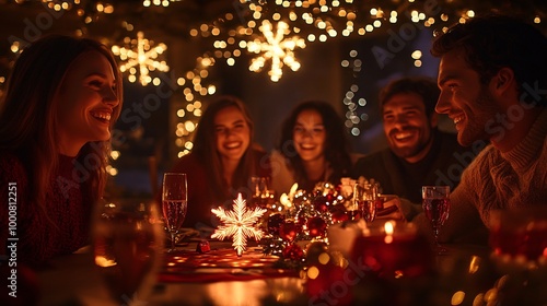 Friends gathered around a dining table playing a festive board game and enjoying drinks in a warmly lit room Large space for text in center Stock Photo with copy space