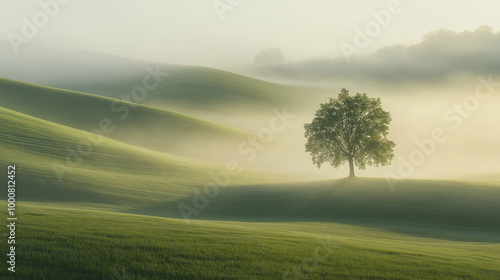 Solitary Tree in Misty Rolling Hills