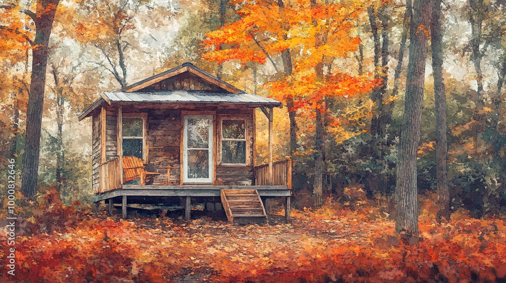 charming tiny house nestled in vibrant autumn woods, surrounded by colorful foliage and serene atmosphere. warm hues of fall create cozy and inviting scene charming tiny house nestled in vibrant autumn woods, surrounded by colorful foliage and serene atmosphere. warm hues of fall create cozy and inviting scene