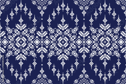 Fabric pixel abstract geometric pattern Thai stye design for clothing, fabric, background, wallpaper, wrapping, batik. Knitwear, Embroidery style. Aztec geometric art ornament print.