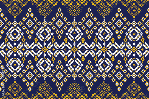 Fabric pixel abstract geometric pattern Thai stye design for clothing, fabric, background blue pattern, wallpaper, wrapping, batik. Knitwear, Embroidery style. Aztec geometric art ornament print.