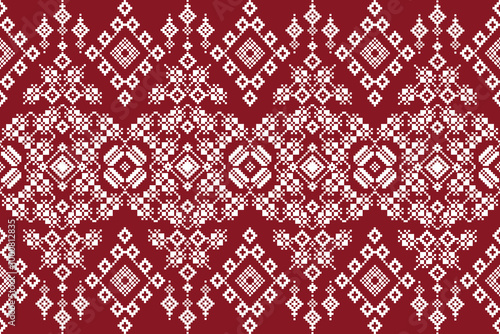 Fabric pixel abstract geometric pattern Thai stye design for clothing, fabric, background, wallpaper red and white, wrapping, batik. Knitwear, Embroidery style. Aztec geometric art ornament print.