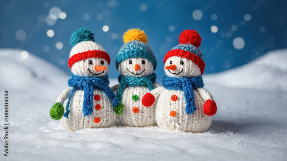Knitted snowmen in hat and scarf on snow Knitted snowmen in hat and scarf on snow