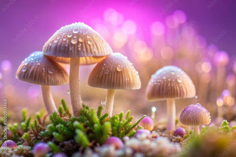Closeup of Dewy Mushrooms Against a Soft Lilac Background in a Contemporary Nature Exploration Closeup of Dewy Mushrooms Against a Soft Lilac Background in a Contemporary Nature Exploration