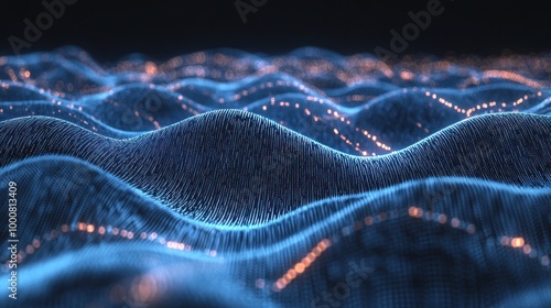 Abstract digital waves illuminated by glowing particles, suggesting motion and depth.