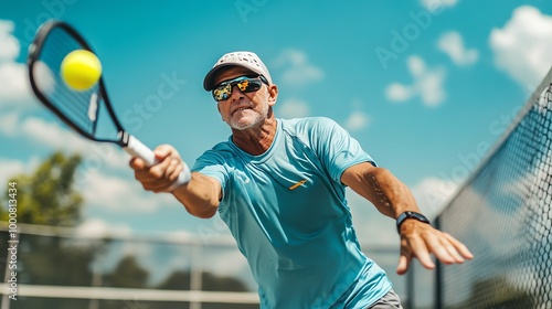 An older man wearing athletic clothing prepares to hit a yellow pickleball.