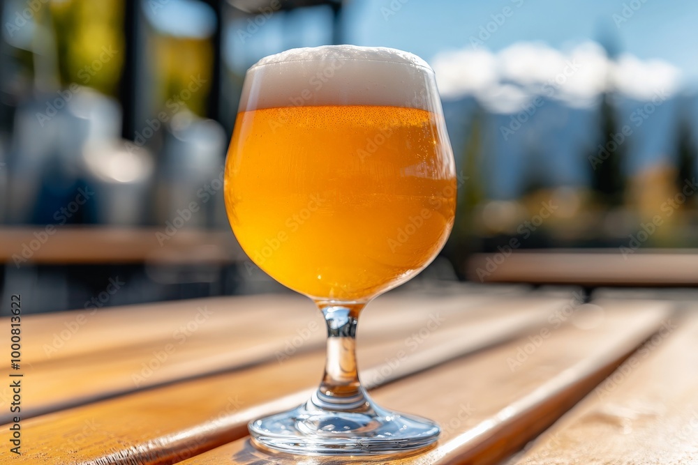 A cold glass of craft beer served outdoors at a brewery, with hops and barley in the background, highlighting its artisanal quality A cold glass of craft beer served outdoors at a brewery, with hops and barley in the background, highlighting its artisanal quality