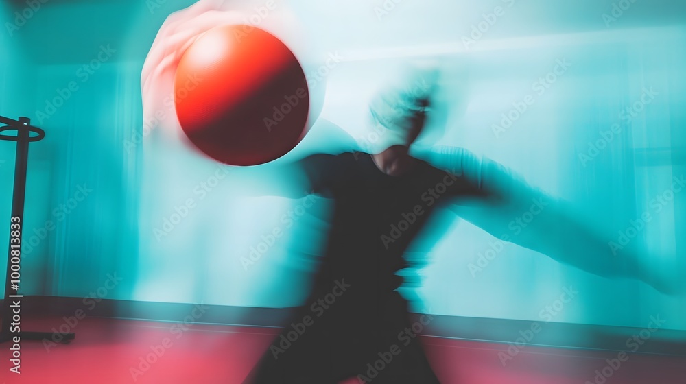 blurred scene of a person throwing a medicine ball against a wall. The ball is caught mid-air with motion blur, while the person's figure and the surrounding gym equipment fade into soft blurred scene of a person throwing a medicine ball against a wall. The ball is caught mid-air with motion blur, while the person's figure and the surrounding gym equipment fade into soft