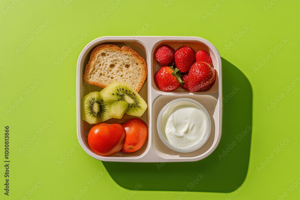 Healthy kids' lunchbox: yogurt, fruit, and whole grain bread on a bright green background Healthy kids' lunchbox: yogurt, fruit, and whole grain bread on a bright green background