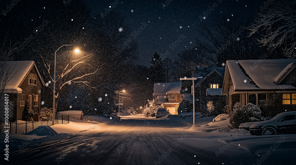Obraz premium Snowy Night in a Quiet Residential Neighborhood