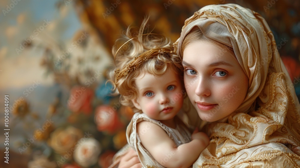 A serene moment between a mother and child surrounded by vibrant flowers in a soft, golden light. Generative AI A serene moment between a mother and child surrounded by vibrant flowers in a soft, golden light. Generative AI