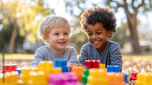 Happy Young Boy Sharing Toys with Friend in Sunny Playground, Joyful Interaction Close-Up Photo